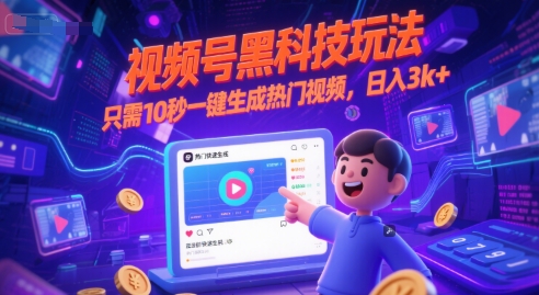视频号黑科技玩法，只需10秒一键生成热门视频，日入3k+