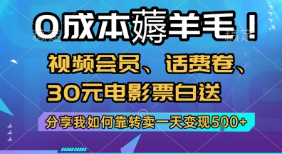 0成本薅羊毛!视频会员、话费卷、30元电影票白送，分享我如何靠转卖一天变现5张+