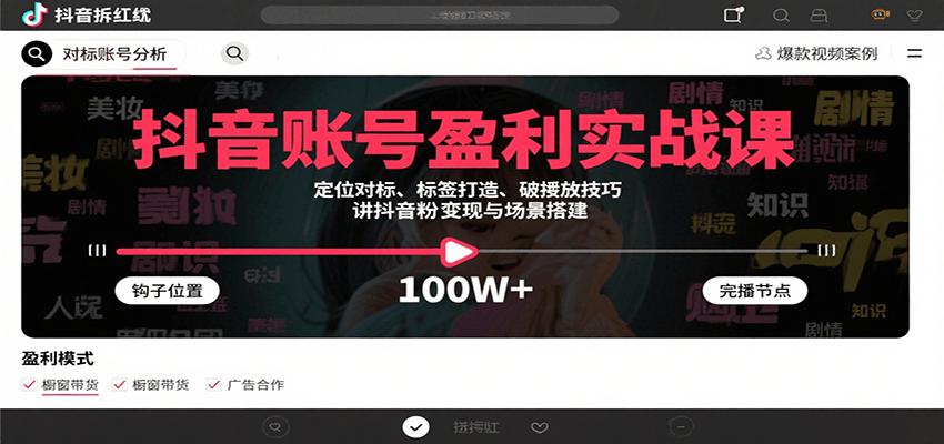 抖音账号盈利实战课，定位对标、标签打造、破播放技巧，讲涨粉变现与场景搭建