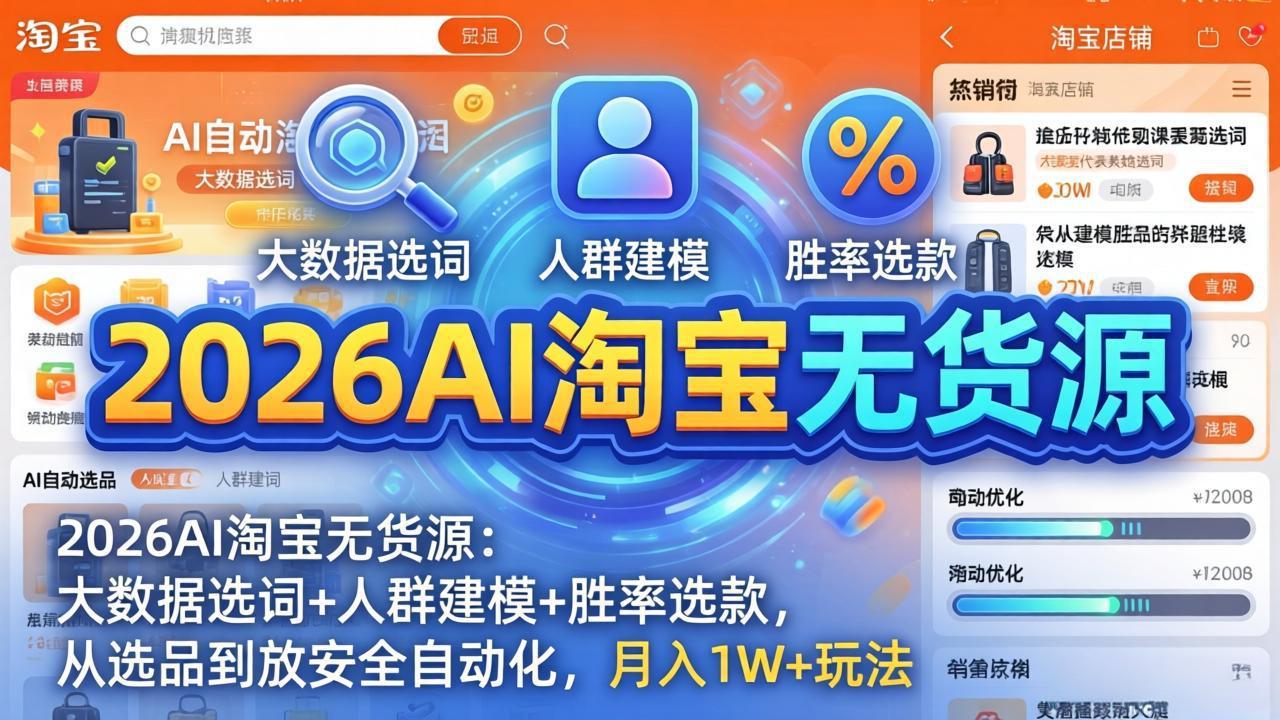 (17812期)2026AI淘宝无货源:大数据选词+人群建模+胜率选款,从选品到放大全自动化,月入1W+玩法