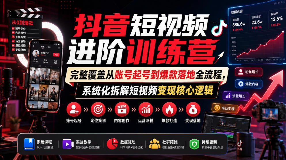 抖音短视频进阶训练营，完整覆盖从账号起号到爆款落地全流程，系统化拆解短视频变现核心逻辑