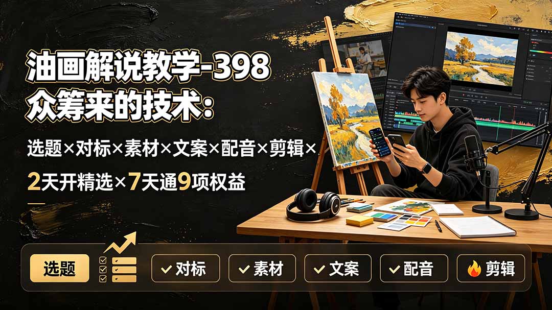(19527期)油画解说教学-398众筹来的技术:选题×对标×素材×文案×配音×剪辑×2天开精选×7天通9项权益