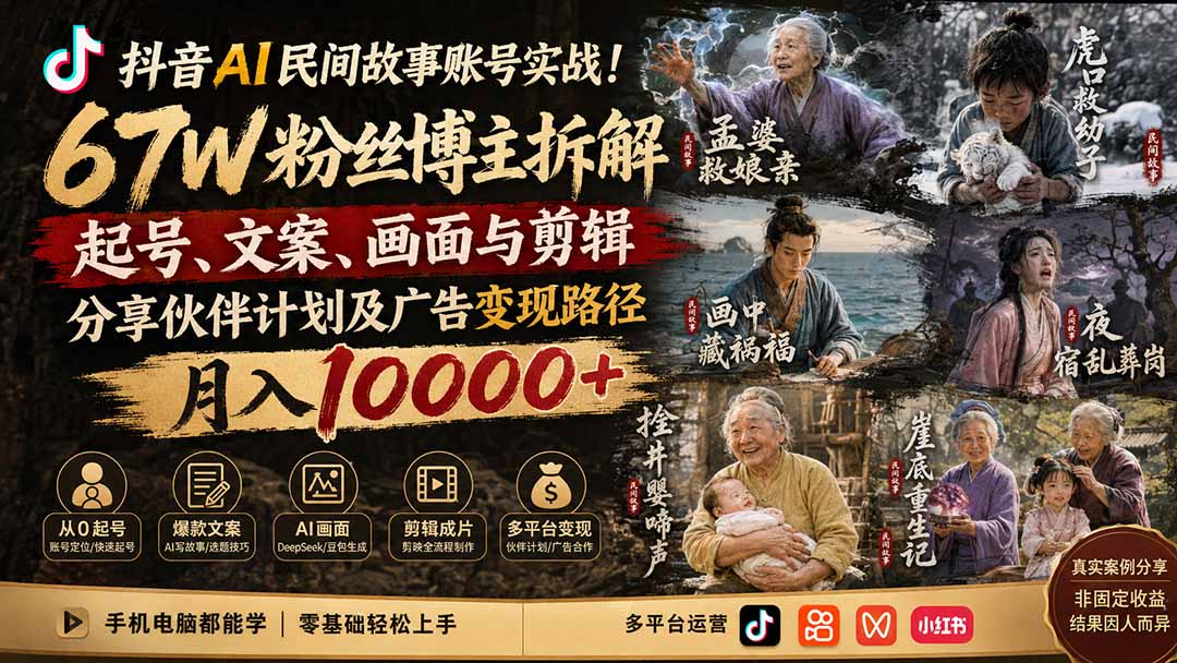 （19738期）抖音AI民间故事账号实战！67W粉丝博主拆解起号、文案、画面与剪辑，分享伙伴计划及广告变现路径，月入10000+