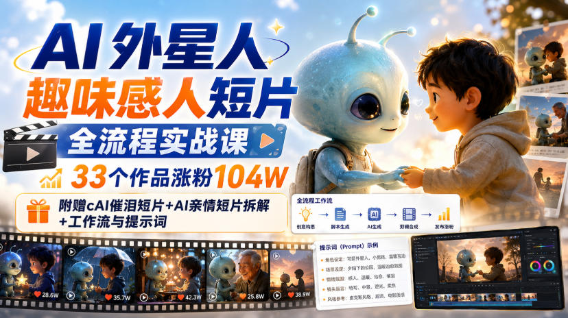 AI外星人趣味感人短片全流程实战课,33个作品涨粉104W,附赠AI催泪短片+AI亲情短片拆解+工作流与提示词