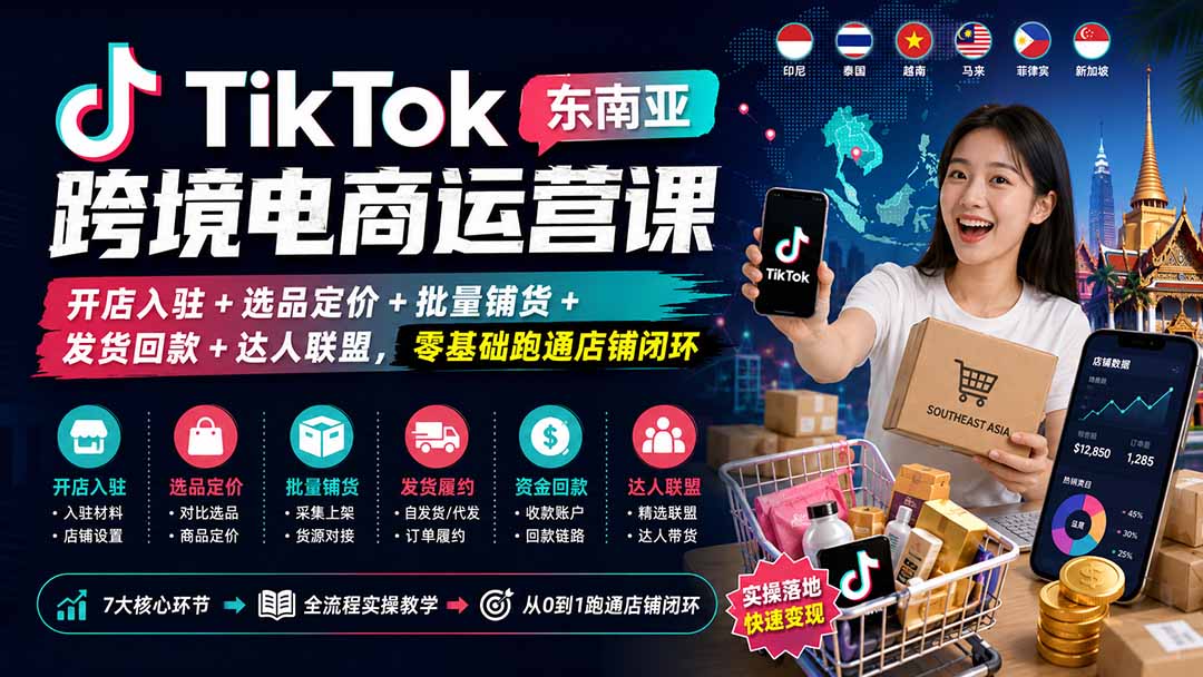 (20059期)TikTok东南亚跨境电商运营课:开店入驻+选品定价+批量铺货+发货回款+达人联盟,零基础跑通店铺闭环