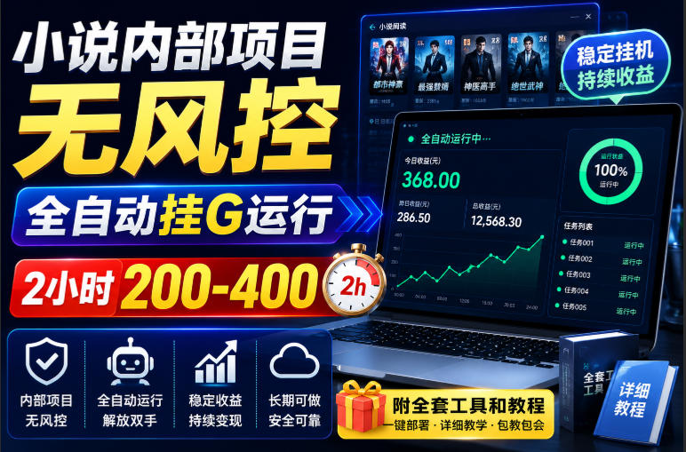 小说内部项目无风控，全自动挂G运行，2小时200-400，附全套工具和教程
