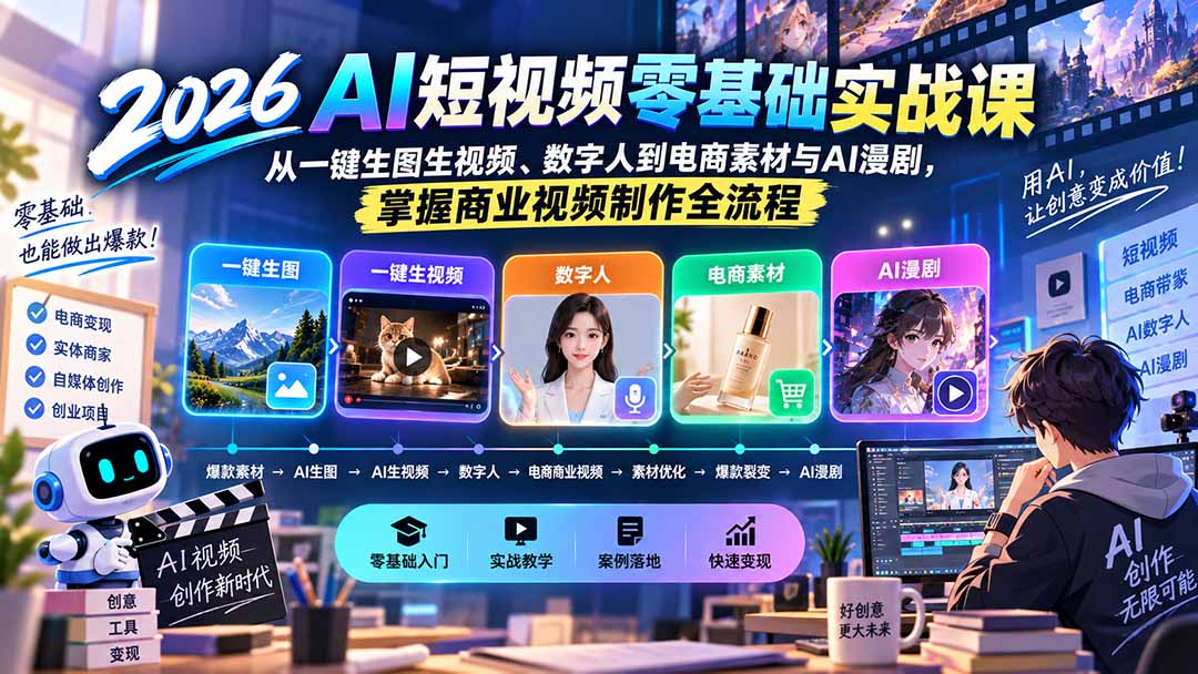 (20263期)2026AI短视频零基础实战课:从一键生图生视频、数字人到电商素材与AI漫剧,掌握商业视频制作全流程