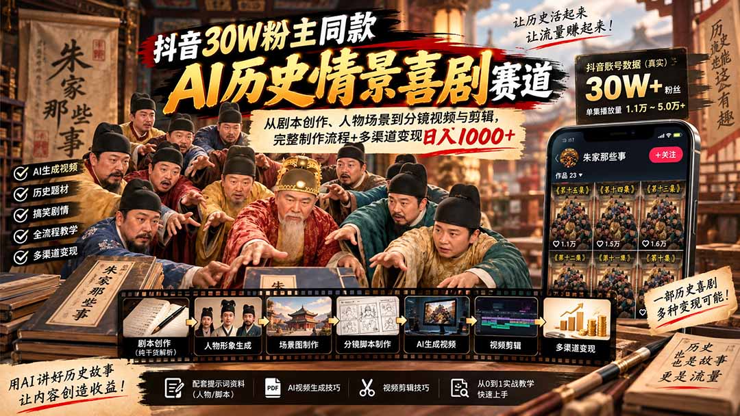 (20613期)抖音30W粉博主同款AI历史情景喜剧赛道:从剧本创作、人物场景到分镜视频与剪辑,完整制作流程+多渠道变现日入1000+