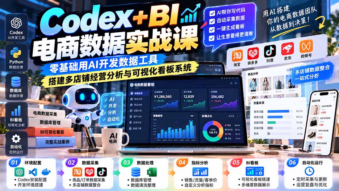 (20665期)Codex+BI电商数据实战课:零基础用AI开发数据工具,搭建多店铺经营分析与可视化看板系统