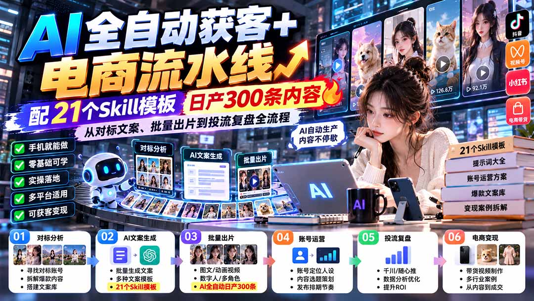 (20664期)AI全自动获客+电商流水线:配21个Skill模板,日产300条内容,从对标文案、批量出片到投流复盘全流程