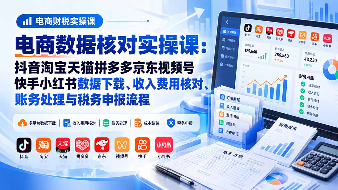 （20723期）电商数据核账实操课：抖音淘宝天猫拼多多京东视频号快手小红书数据下载、收入费用核对、账务处理与税务申报流程