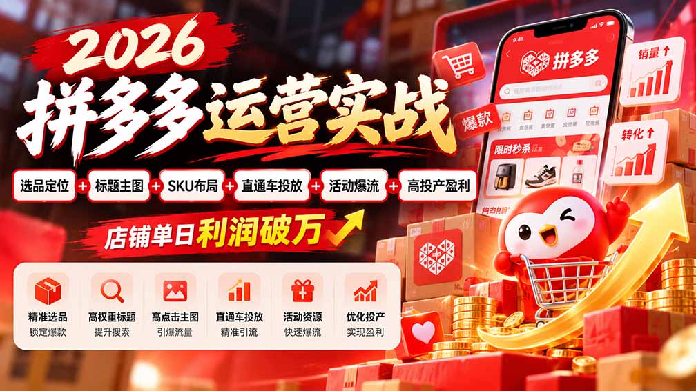 (20778期)2026拼多多运营实战-更新1002:选品定位+标题主图+SKU布局+直通车投放+活动爆流+高投产盈利 店铺单日利润破万
