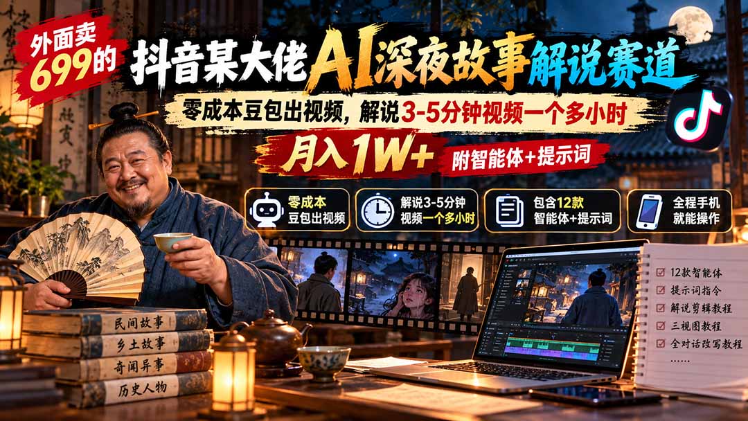 (20853期)外面卖699抖音某大佬AI深夜故事解说赛道-更新:0成本豆包出视频+解说3-5分钟视频一个多小时,月入1W+附智能体+提示词