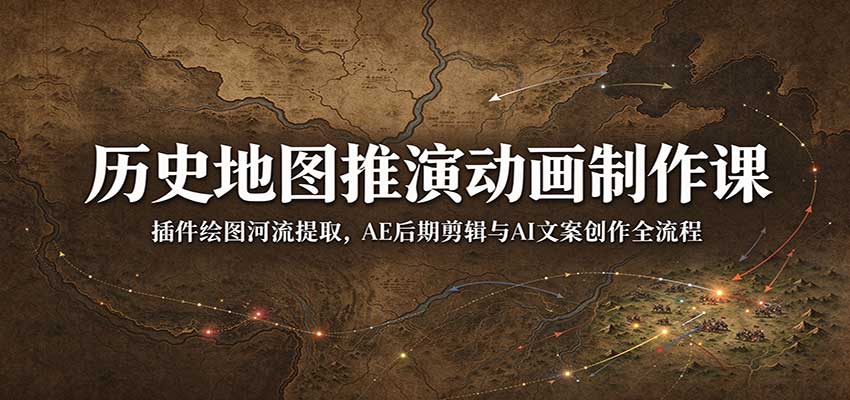 历史地图推演动画制作课:插件绘图河流提取,AE后期剪辑与AI文案创作全流程